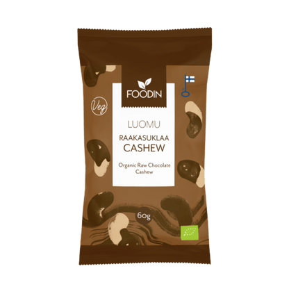 Organic raw chocolate cashew snack in a 60g package by Organax Ltd, showing a close-up of the chocolate-coated cashews.
