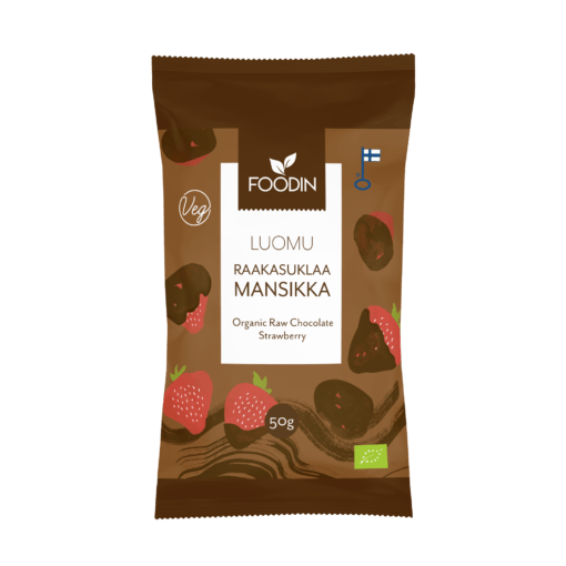 Organic Raw Chocolate with Strawberry from Organax Ltd, 50g, showing a close-up of the chocolate and strawberry pieces.