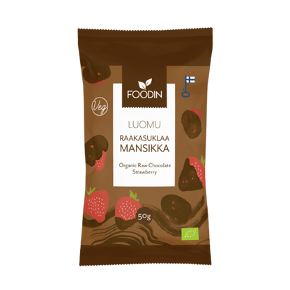 Organic Raw Chocolate with Strawberry from Organax Ltd, 50g, showing a close-up of the chocolate and strawberry pieces.