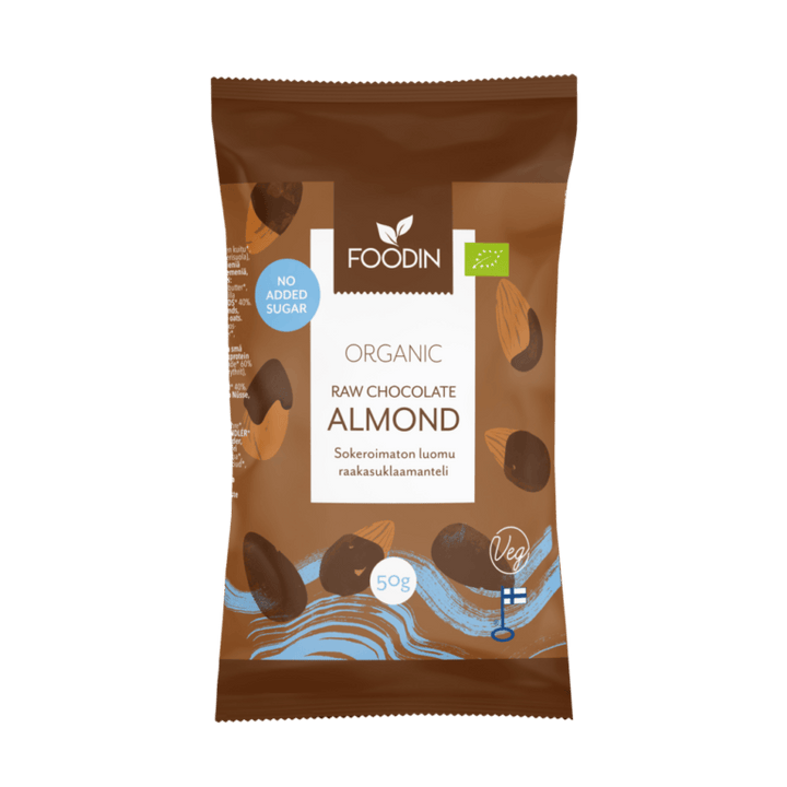 Organic raw chocolate almond snack by Organax Ltd, no added sugar, 50g, featuring whole almonds coated in dark chocolate.