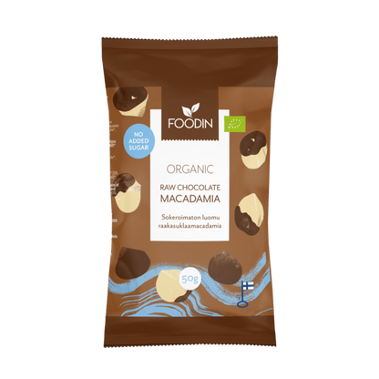 Organic raw chocolate with macadamia nuts by Organax Ltd, no added sugar, 50g, shown in the image.