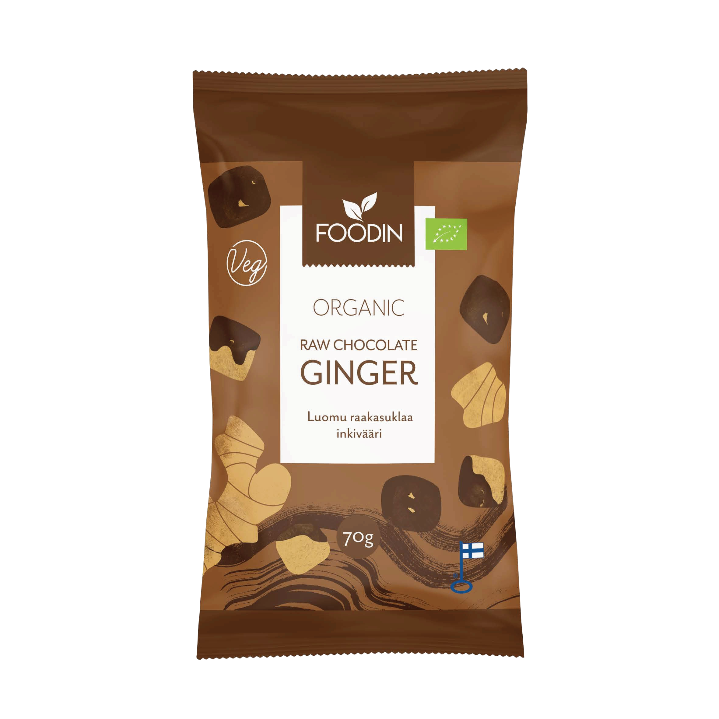 Organic raw chocolate with ginger pieces in a 70g package by Organax Ltd, showcasing a close-up of the chocolate with ginger bits.