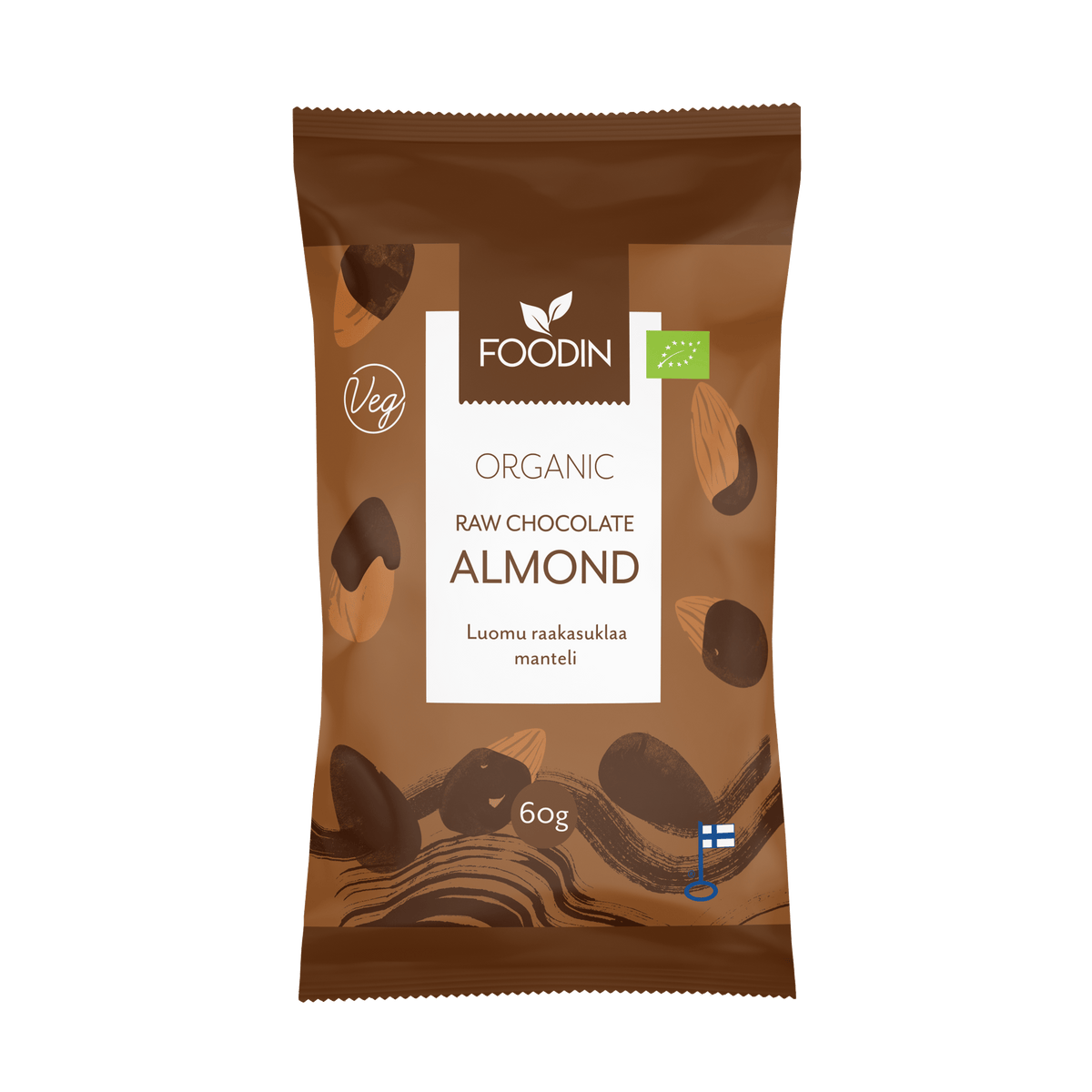 Organic raw chocolate almond snack by Organax Ltd, 60g package, featuring almonds coated in raw chocolate.