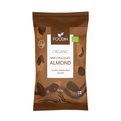 Organic raw chocolate almond snack by Organax Ltd, 60g package, featuring almonds coated in raw chocolate.