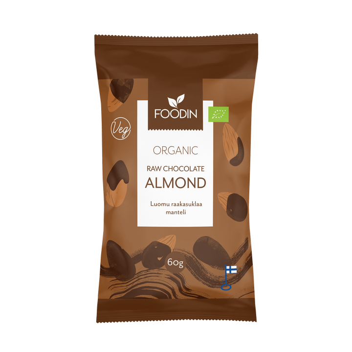 Organic raw chocolate almond snack by Organax Ltd, 60g package, featuring almonds coated in raw chocolate.