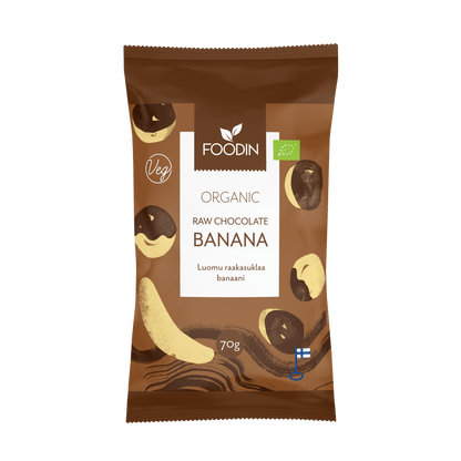 Organic Raw Chocolate Banana snack by Organax Ltd, showing a 70g package of Foodin Raw Chocolate Banana with natural chocolate and banana pieces.