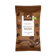 Organic raw chocolate raisins in a 80g package by Organax Ltd, showing glossy dark chocolate-covered raisins.