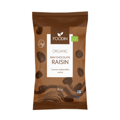 Organic raw chocolate raisins in a 80g package by Organax Ltd, showing glossy dark chocolate-covered raisins.