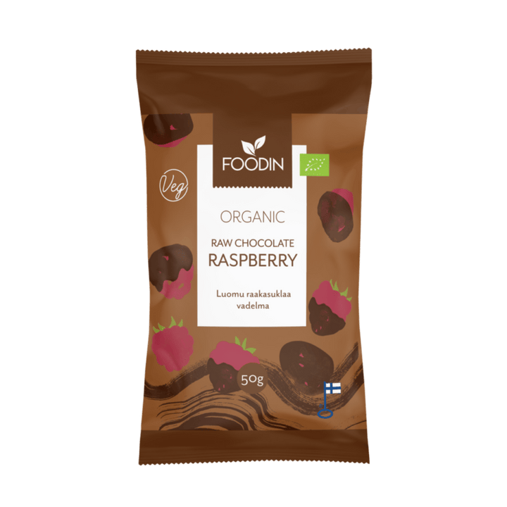 Organic raw chocolate with raspberry from FoodIn by Organax Ltd, 50g, showcasing a close-up of the chocolate piece with raspberry accents.