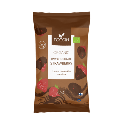 Organic Raw Chocolate with Strawberry from Organax Ltd, 50g, showing a close-up of the chocolate bar with strawberry pieces.