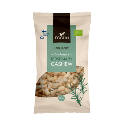 Dry roasted rosemary cashew nuts in 120g package by Organax Ltd, showing golden roasted cashews with rosemary seasoning.