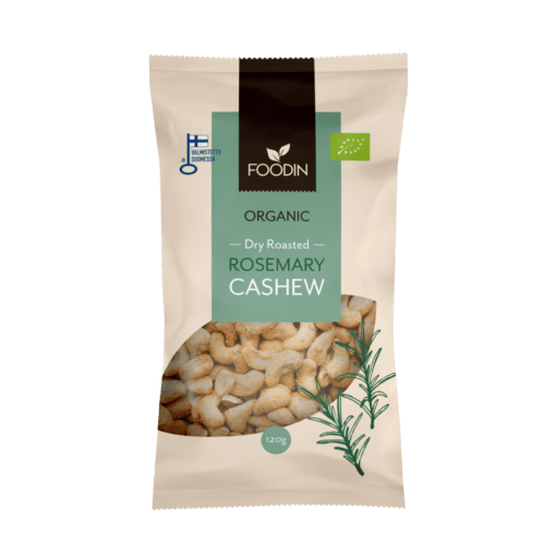 Dry roasted rosemary cashew nuts in 120g package by Organax Ltd, showing golden roasted cashews with rosemary seasoning.