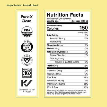 Organic pumpkin seed protein powder by Organax Ltd, showing nutrition facts label and pumpkin seed image on the package.