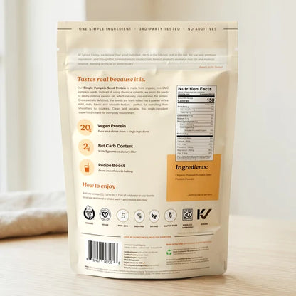 Organic pumpkin seed protein powder in a 454g package from Sprout Living, shown in a back view image.