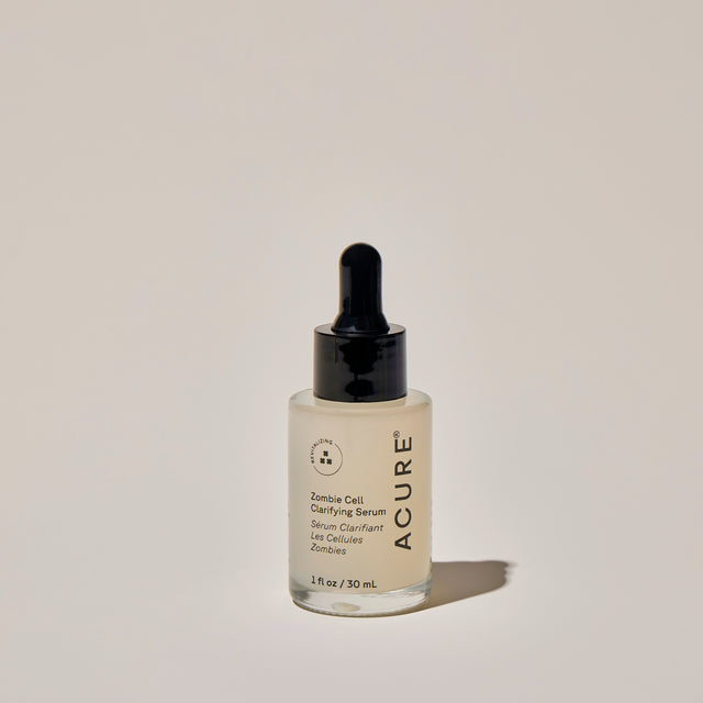 ACURE Zombie Cell Clarifying Serum in a 30ml jar, featuring a sleek design and clear labeling, for skin rejuvenation.