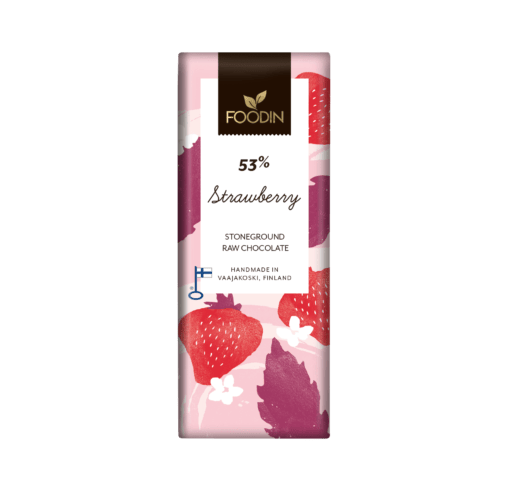 Organic raw chocolate with strawberry flavor from Foodin by Organax Ltd, showing a 40g bar with fresh strawberries.