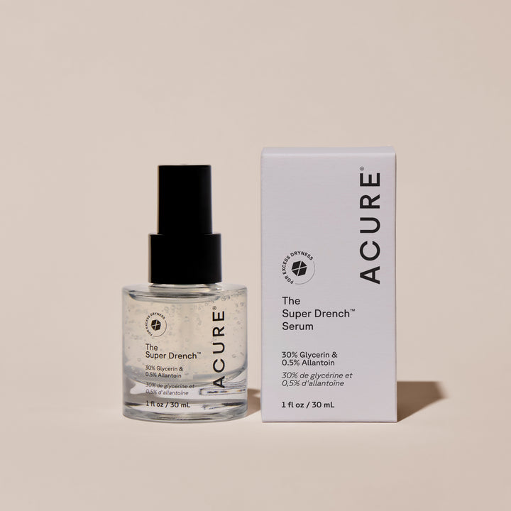 ACure The Super Drench Serum 30ml in packaging, a skin care product by Organax Ltd for deep hydration and skin nourishment.