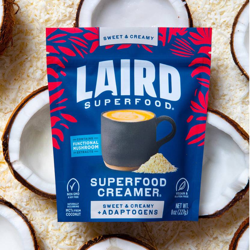 Laird Sweet & Creamy with Adaptogens Superfood Creamer by Organax Ltd, 227g jar of creamy, flavored coffee creamer with adaptogens