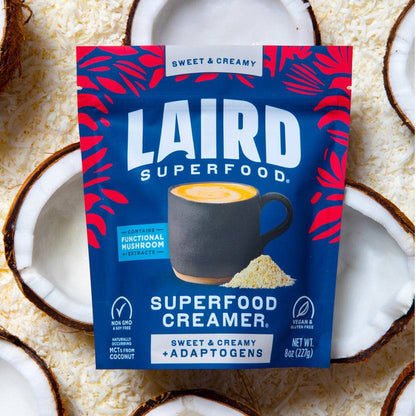 Laird Sweet & Creamy with Adaptogens Superfood Creamer by Organax Ltd, 227g jar of creamy, flavored coffee creamer with adaptogens
