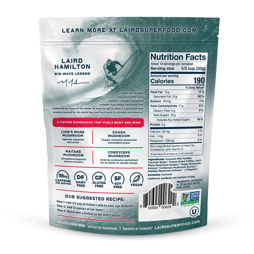 Laird Sweet & Creamy Instant Latte with Adaptogens in 227g jar, showing the label and creamy latte powder inside