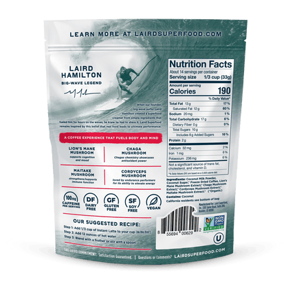 Laird Sweet & Creamy Instant Latte with Adaptogens in 227g jar, showing the label and creamy latte powder inside