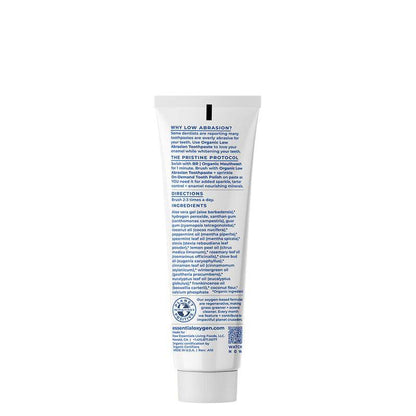 Back view of Organax Ltd Essential Oxygen Organic Low Abrasion Peppermint Toothpaste 113g tube showing the packaging and branding.