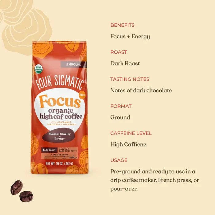 Four Sigmatic Organic Focus Max High Caf Ground Coffee - Dark 13Servings 283g - Organax Ltd