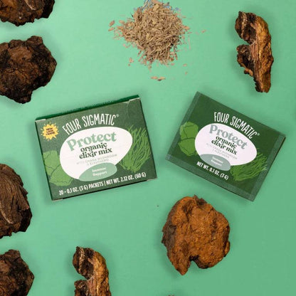 Top view of Organax Ltd Organic Protect Elixir with Chaga Mushroom in 20 sachets, showing individual sachets and herbal packaging.