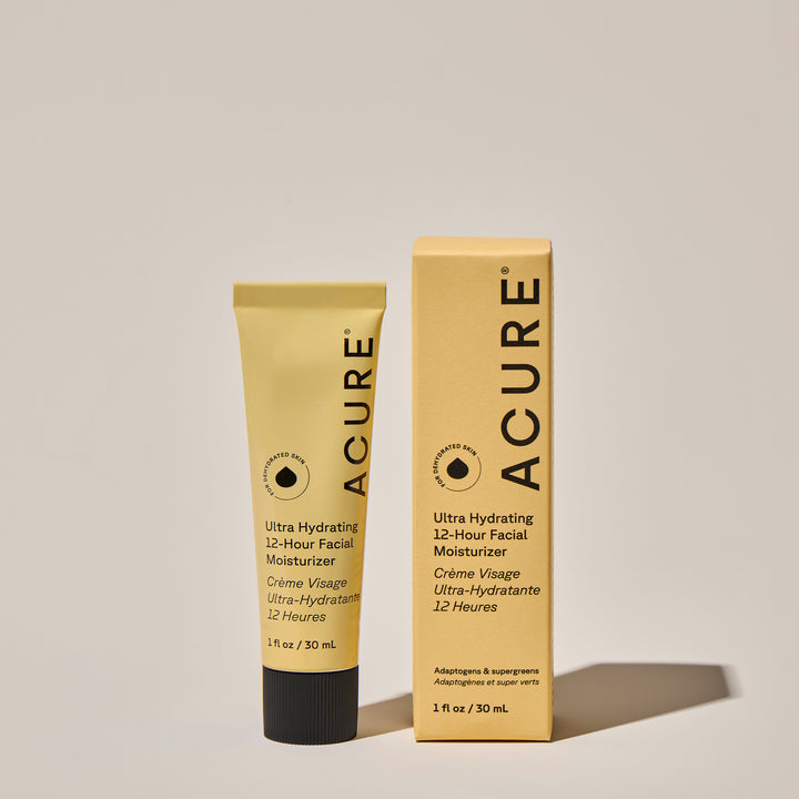 ACURE Ultra Hydrating 12-Hour Facial Moisturizer 30ML in a white tube with blue and green accents, displayed next to the box.