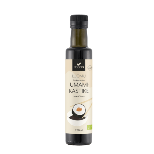 Organic Coconut Aminos 250ML bottle from Organax Ltd, showing the dark soy sauce alternative in a clear glass bottle.