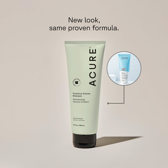 Before and after images showing the volume boost with ACURE Vivacious Volume Shampoo by Organax Ltd in 236ml bottle.
