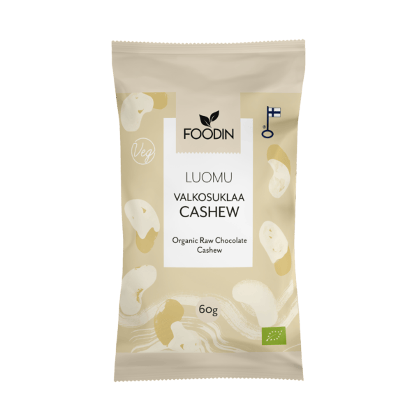 Organic white chocolate with cashews by Organax Ltd in a 60g bar, shown in the image with creamy white chocolate and whole cashews.