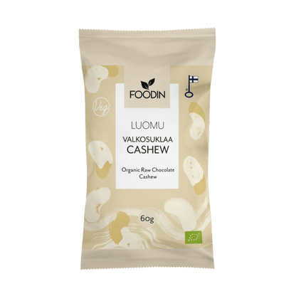 Organic white chocolate with cashews by Organax Ltd in a 60g bar, shown in the image with creamy white chocolate and whole cashews.