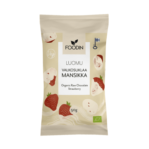 Organic White Chocolate Strawberry by Organax Ltd, 50g bar with creamy white chocolate and visible strawberry pieces.