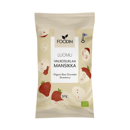 Organic White Chocolate Strawberry by Organax Ltd, 50g bar with creamy white chocolate and visible strawberry pieces.