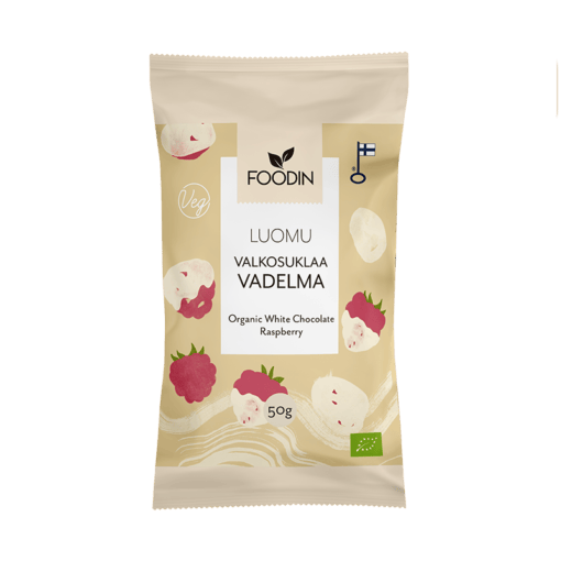 Organic white chocolate with raspberry from FoodIn by Organax Ltd, showing a 50g bar with white chocolate and raspberry pieces.