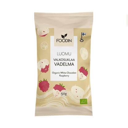 Organic white chocolate with raspberry from FoodIn by Organax Ltd, showing a 50g bar with white chocolate and raspberry pieces.