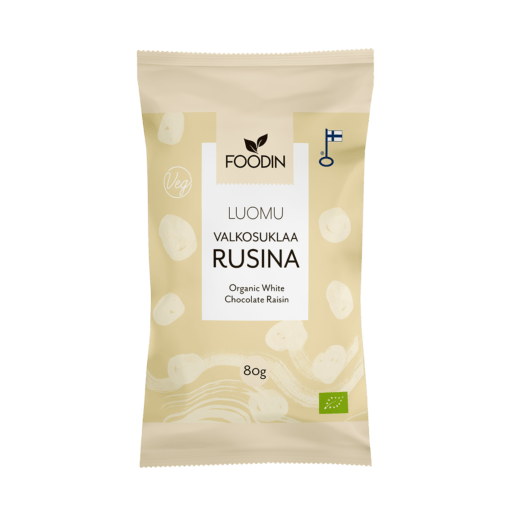 Organic white chocolate raisins from FoodIn by Organax Ltd, 80g, showing a close-up of white chocolate-covered raisins.