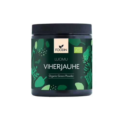 Organic green powder blend in a 200g package from Organax Ltd, featuring vibrant green powder in a clear container.