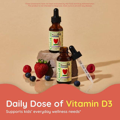 Childlife Essentials Vitamin D3 Berry liquid in a 30ml glass bottle, natural supplement for children's health by Organax Ltd.