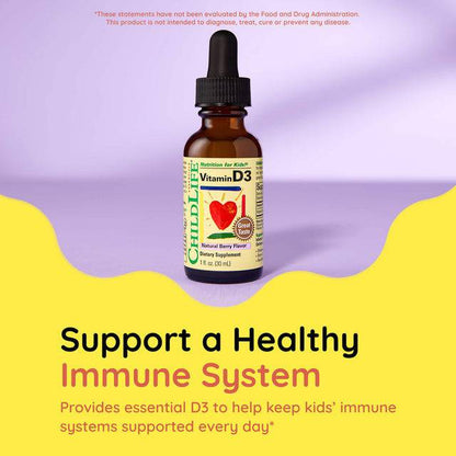 Childlife Essentials Vitamin D3 Berry supplement in a 30ml glass bottle, natural berry flavor, for supporting children's bone health.