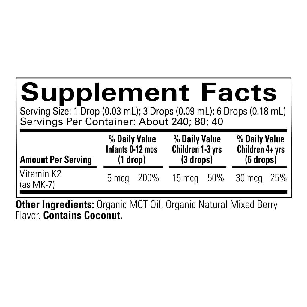 Childlife Essentials Vitamin K2 Berry supplement in a 12ml glass bottle, featuring colorful berry-flavored liquid for children's health.
