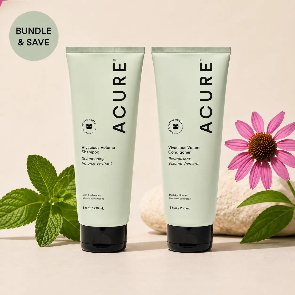 ACURE Vivacious Volume Shampoo and Conditioner bundle by Organax Ltd, featuring thickening hair care products with a vibrant, volumizing formula.