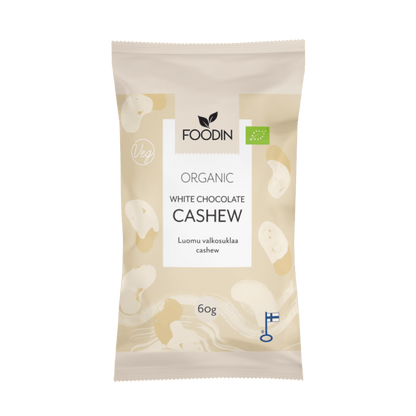 Organic white chocolate with cashews in a 60g package by Organax Ltd, showcasing creamy white chocolate pieces with cashew nuts.