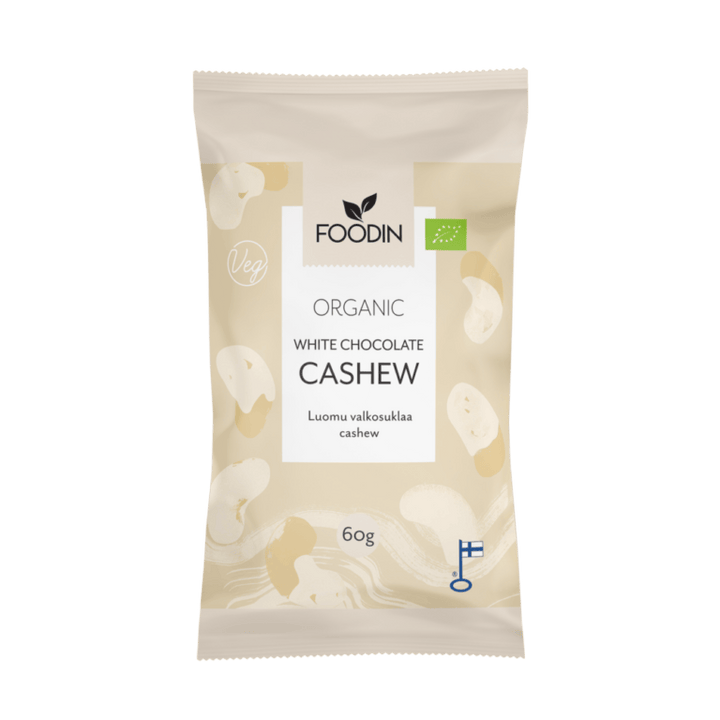 Organic white chocolate with cashews in a 60g package by Organax Ltd, showcasing creamy white chocolate pieces with cashew nuts.