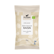 Organic white chocolate raisins in an 80g package by Organax Ltd, shown in a clear image with white chocolate and raisins.
