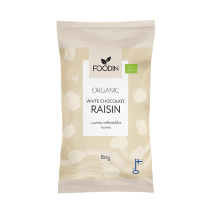 Organic white chocolate raisins in an 80g package by Organax Ltd, shown in a clear image with white chocolate and raisins.