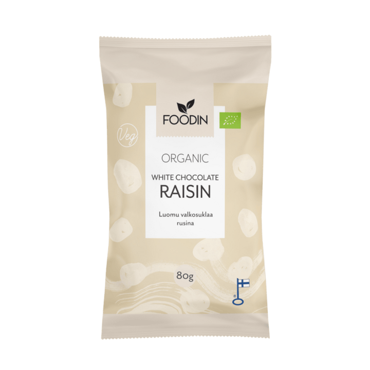 Organic white chocolate raisins in an 80g package by Organax Ltd, shown in a clear image with white chocolate and raisins.