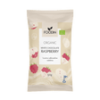 Organax Ltd FoodIn Organic White Chocolate with Raspberry, 50g, showing a bar of white chocolate with raspberry pieces
