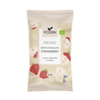 Organic white chocolate with strawberry pieces from FoodIn, 50g, by Organax Ltd, shown in a close-up image.